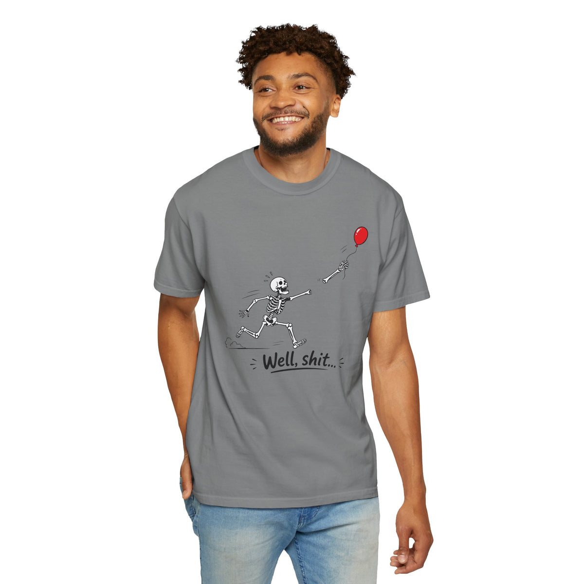 Skeleton Chasing Balloon Tee Shirt Well shit Graphic Tee