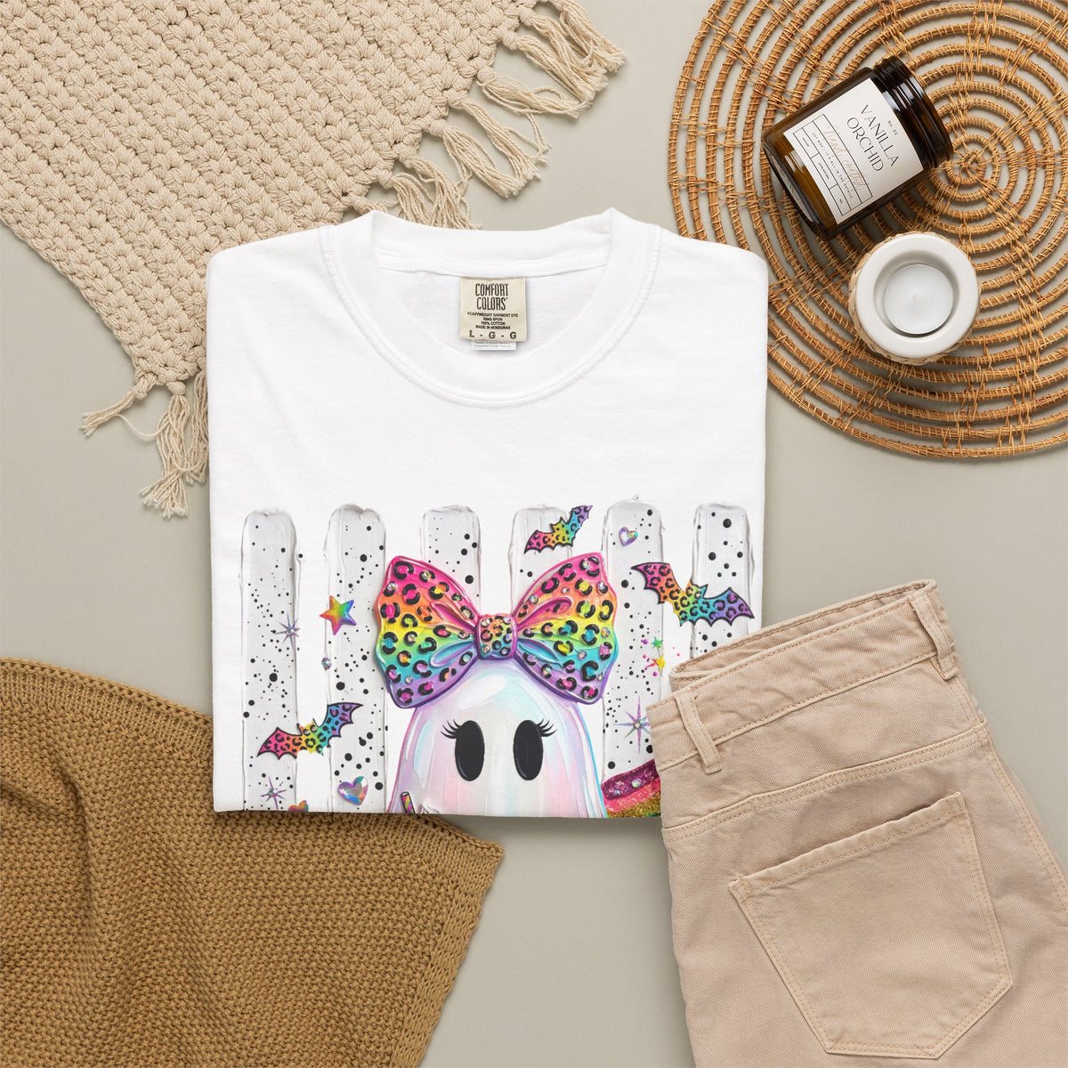 Halloween Rainbow Ghost T Shirt Cute Glittery Ghost with Rainbow Bow and Pumpkins