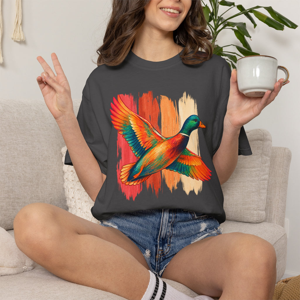 Colorful Flying Duck Tee | Vibrant Mallard Illustration, Nature Shirt