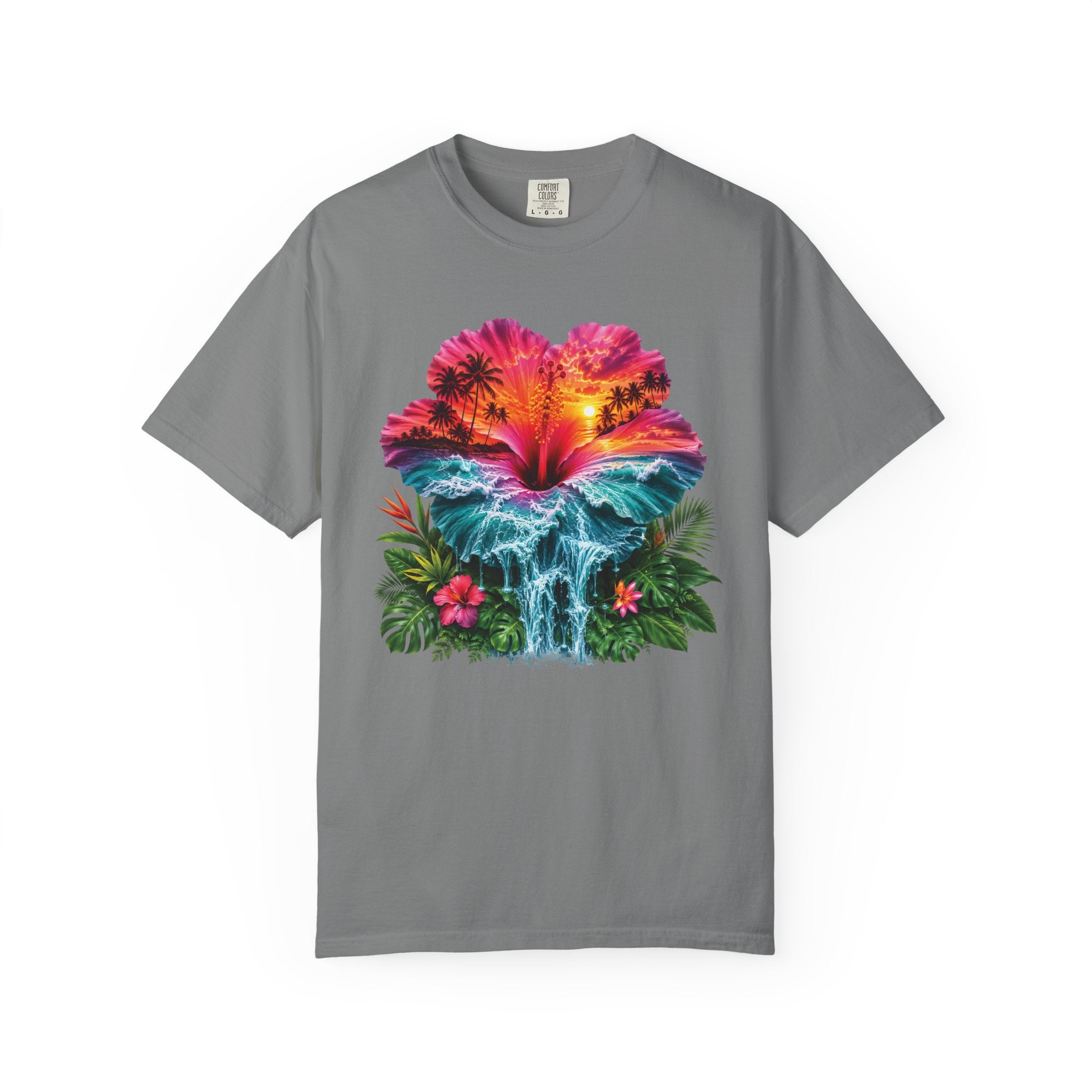 T Shirt Tropical Hibiscus Waterfall Sunset Graphic Tee