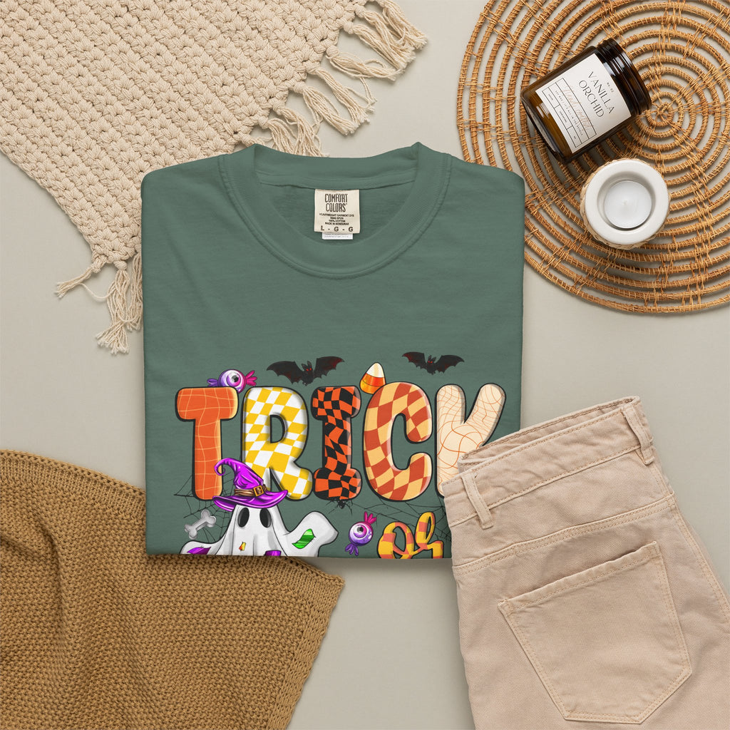 Trick or Treat Halloween T Shirt Cute Ghost Pumpkin and Candy Graphic Tee