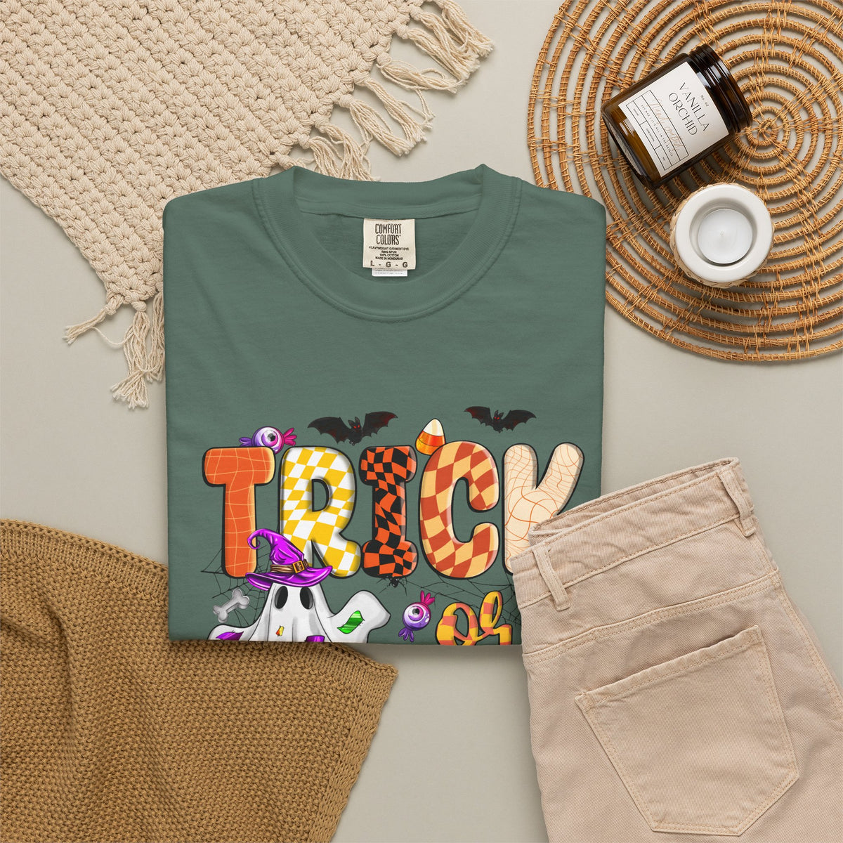 Trick or Treat Halloween T Shirt Cute Ghost Pumpkin and Candy Graphic Tee