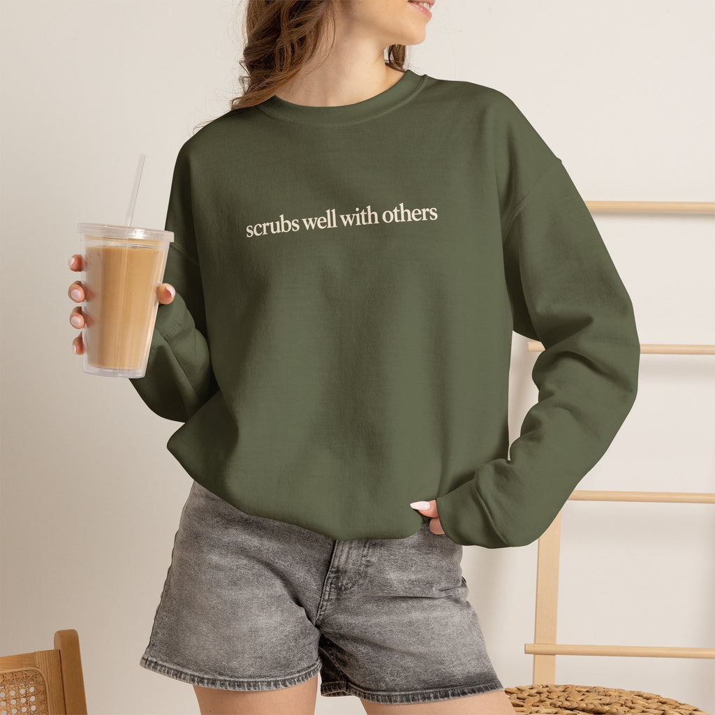 Scrubs Well With Others Sweatshirt, Funny Nurse Sweatshirt, Healthcare Worker Gift, Minimalist Medical Crewneck, Nurse Christmas Gift