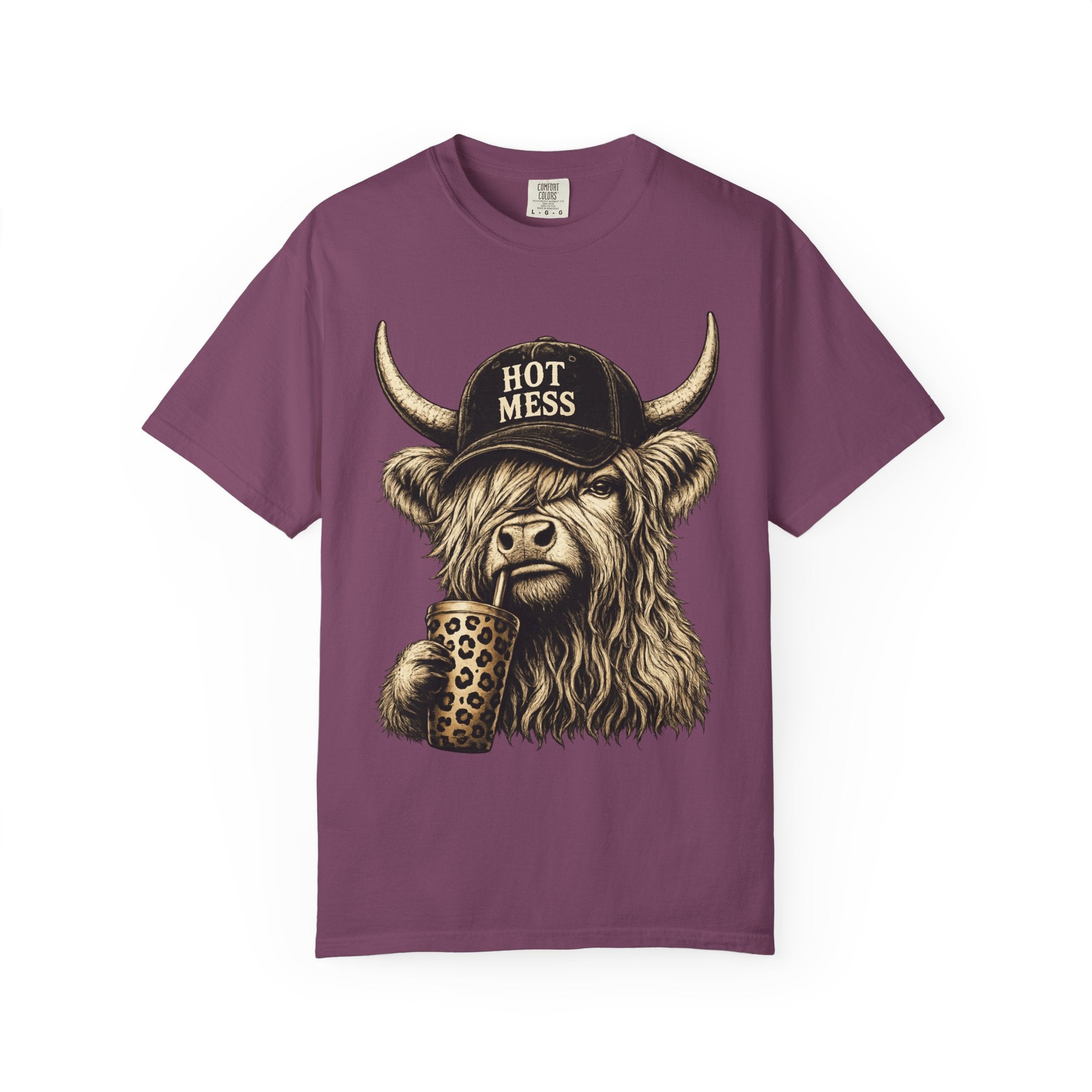 Hot Mess Highland Cow T Shirt Funny Cow with Coffee Graphic