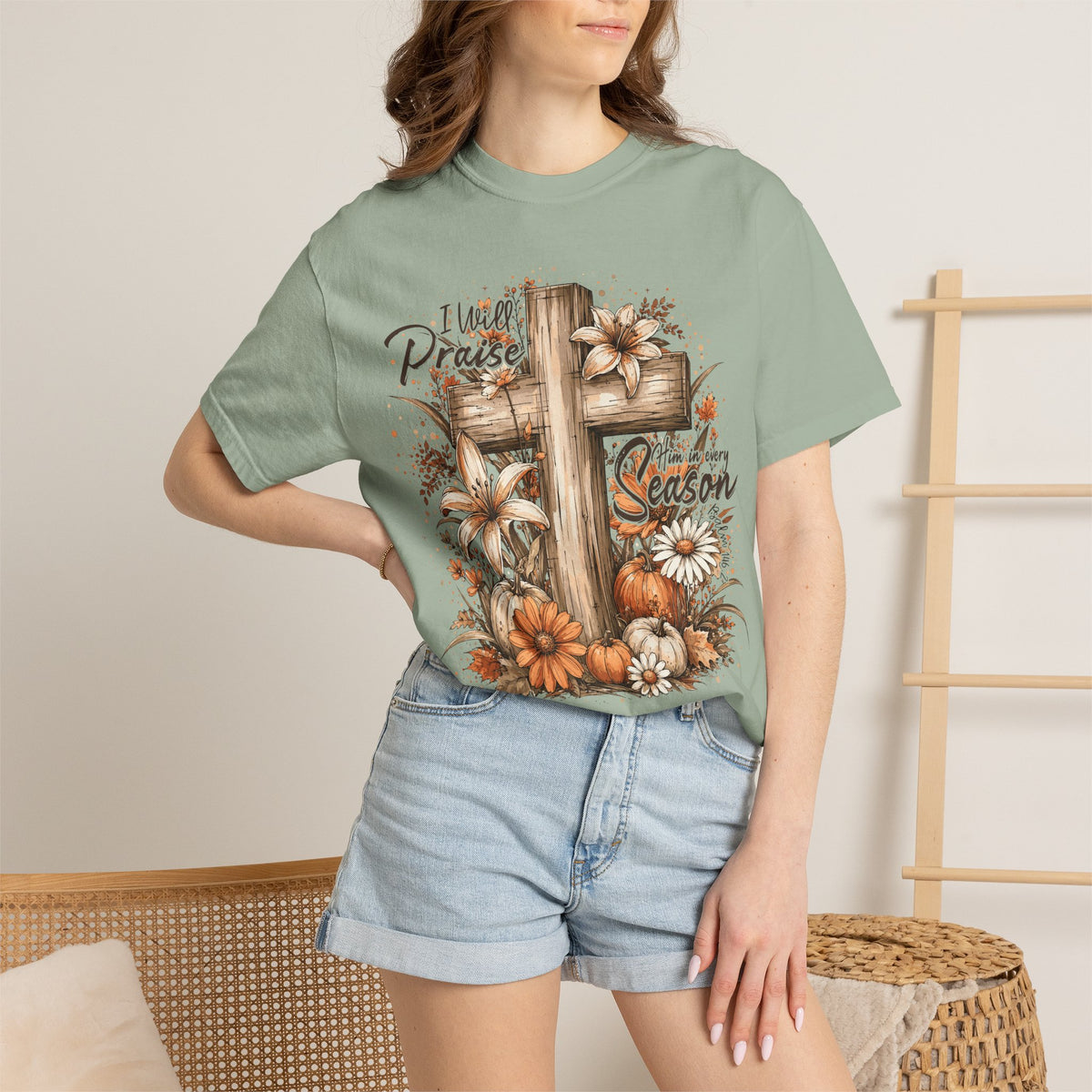 Tee Shirt I Will Praise Every Season Cross with Fall Pumpkins and Flowers