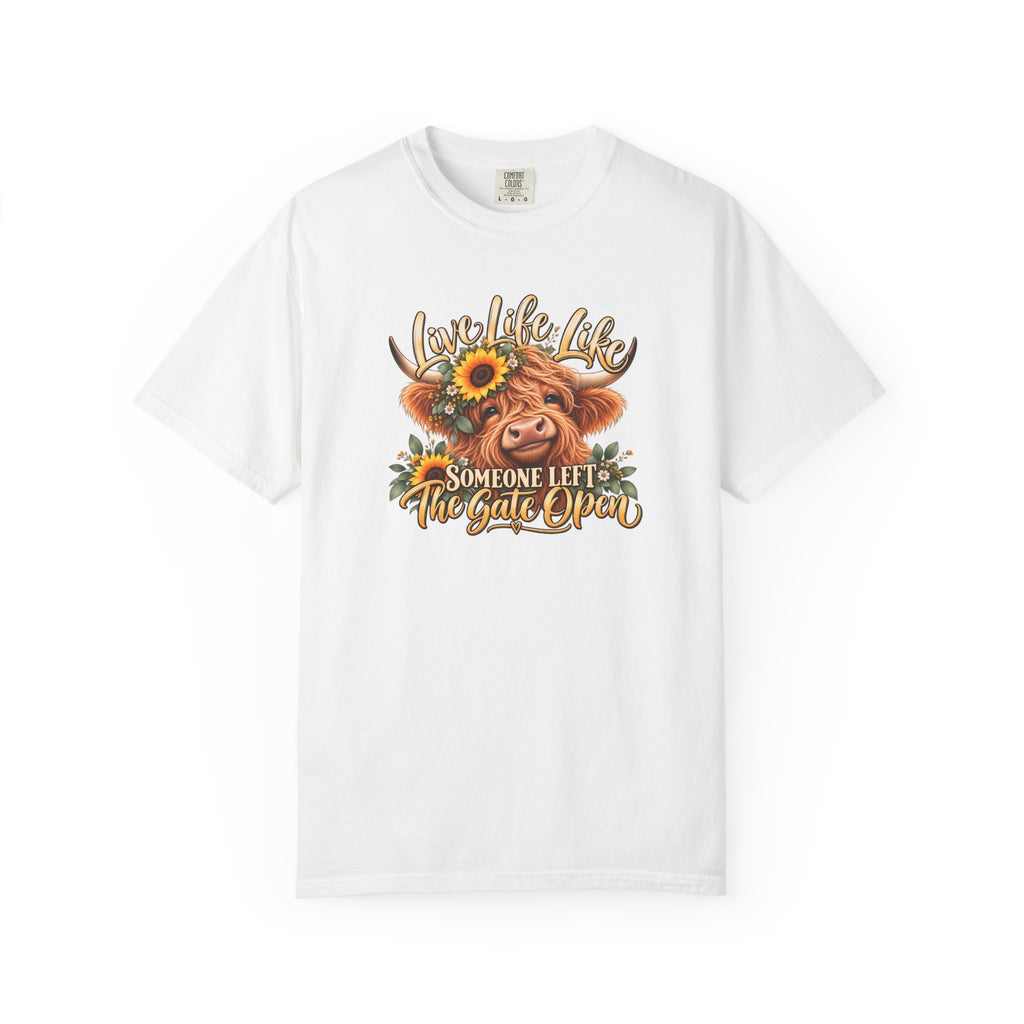 Live Life Like Someone Left the Gate Open Cow T Shirt Sunflower Highland Cattle Tee