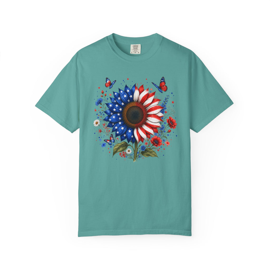 Patriotic Sunflower T Shirt American Flag Floral Tee Fourth of July