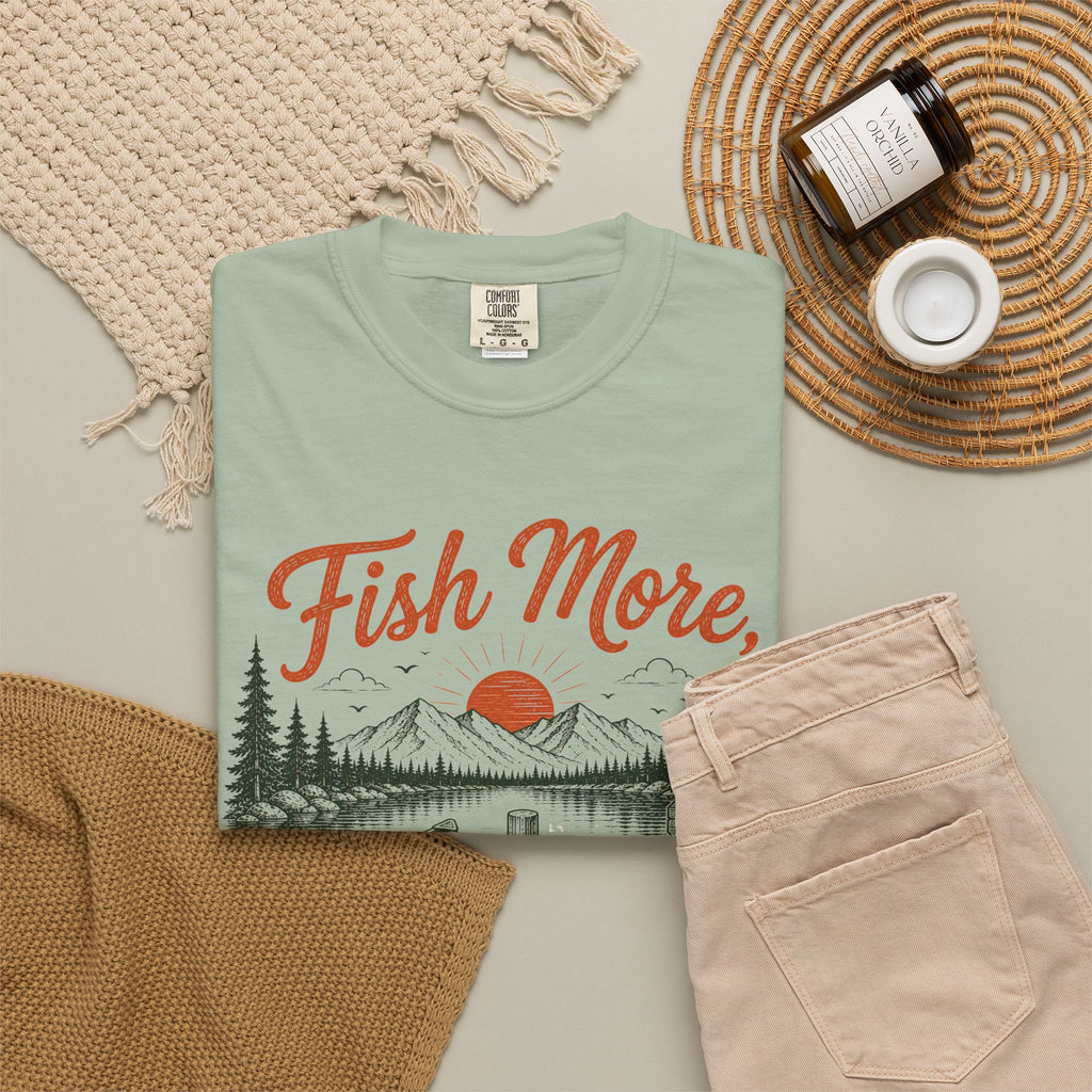 Fish More Scroll Less T Shirt Vintage Fishing Cabin Graphic Tee