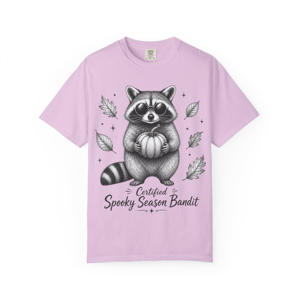 Spooky Season Bandit T Shirt Cute Raccoon Holding Pumpkin Fall Tee