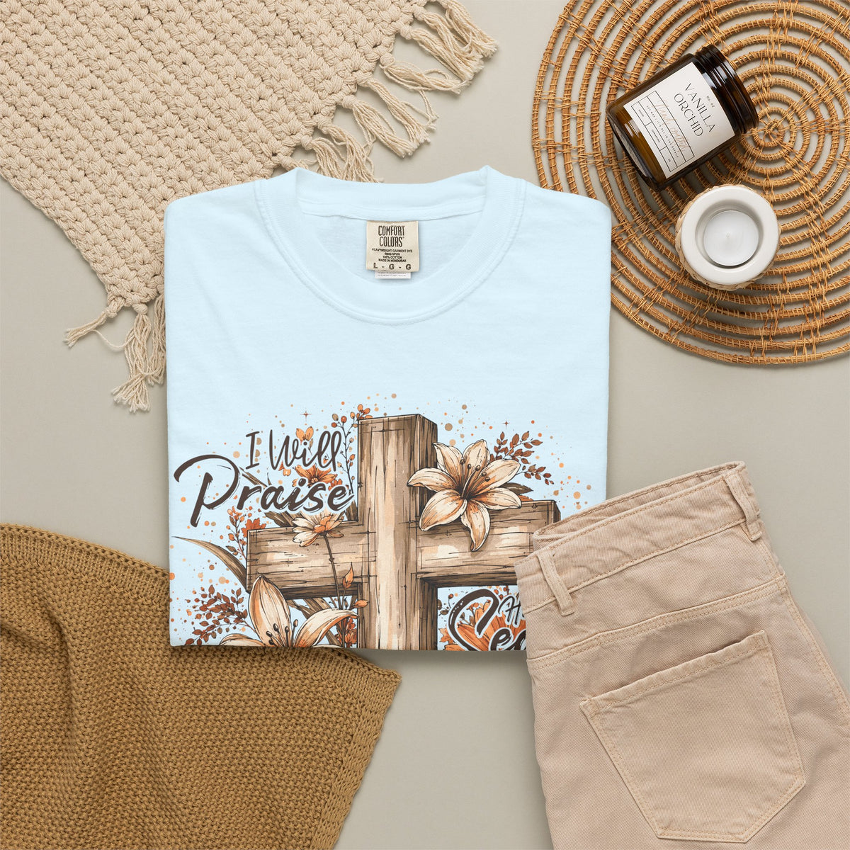 Tee Shirt I Will Praise Every Season Cross with Fall Pumpkins and Flowers