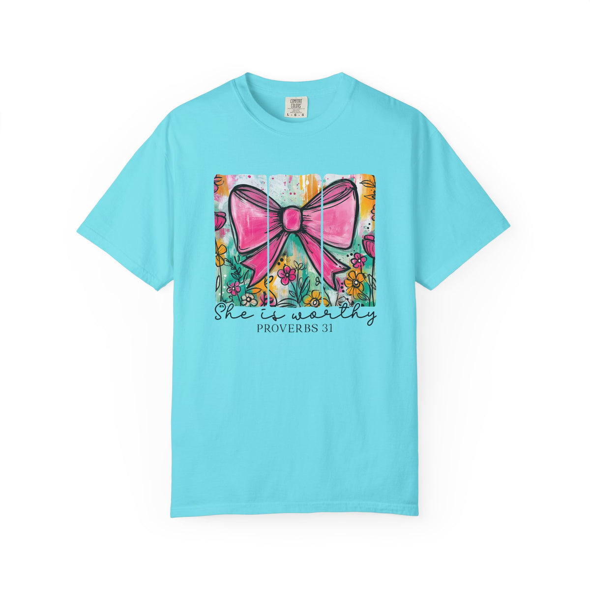 Pink Bow Floral Illustration Tee Shirt | She is Worthy Proverbs 31 Christian Tee
