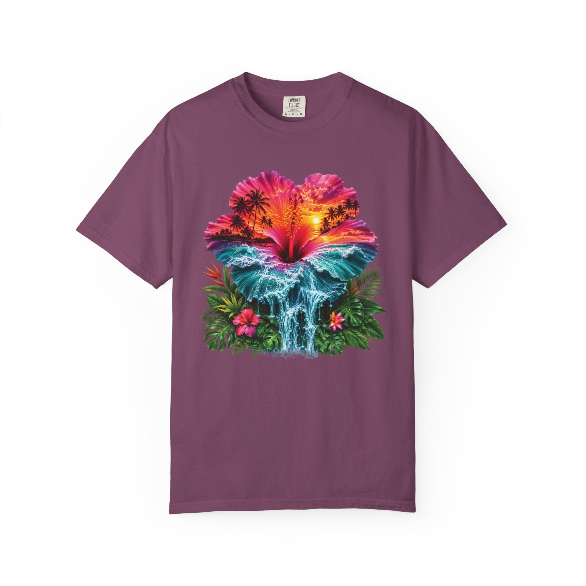 T Shirt Tropical Hibiscus Waterfall Sunset Graphic Tee