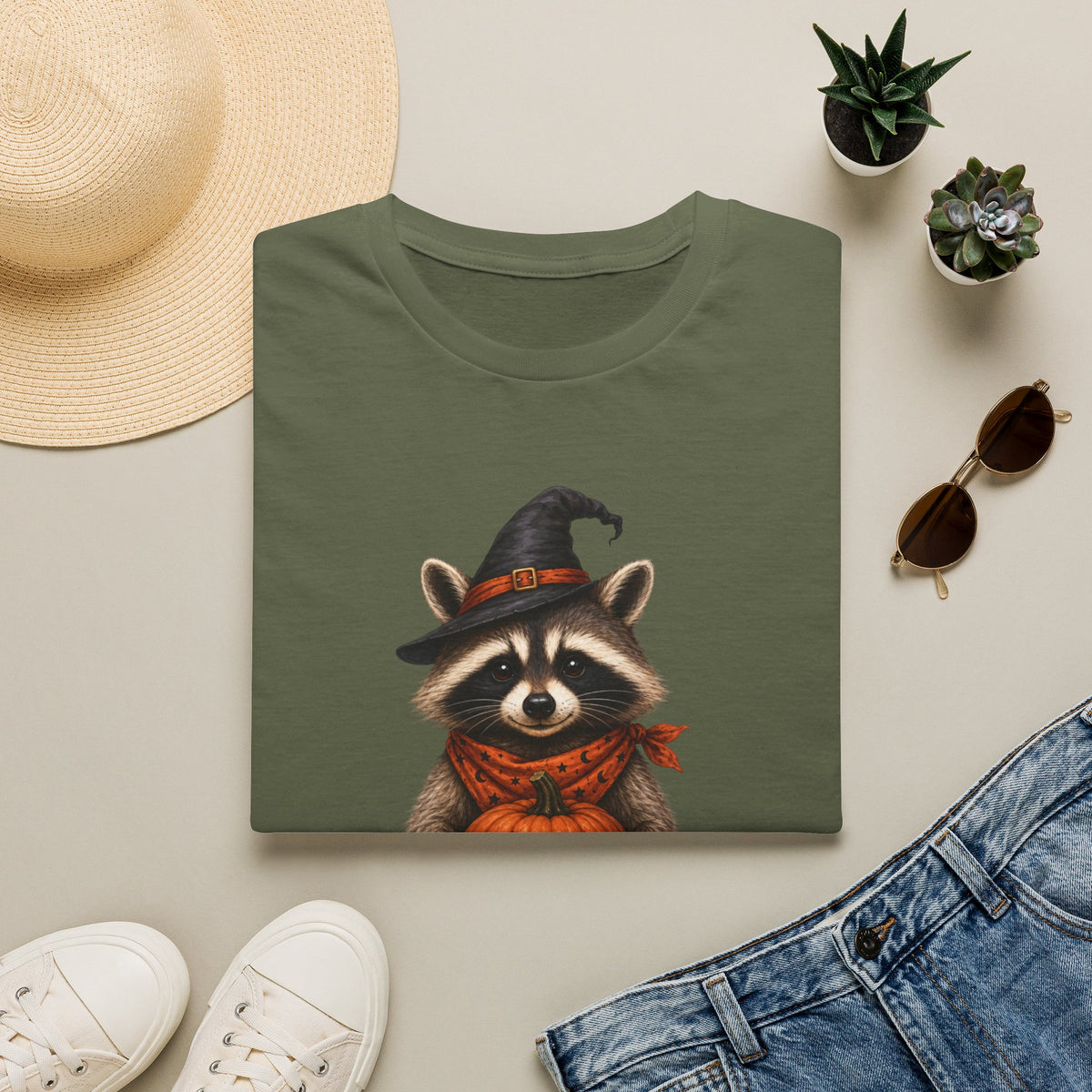 Raccoon Witch Halloween T Shirt Cute Pumpkin Trick-or-Treat Tee