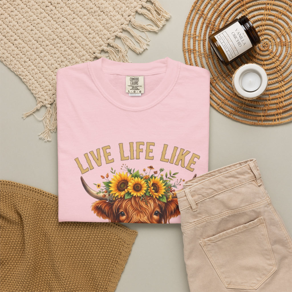 Live Life Like Someone Left the Gate Open Cow Tee Shirt Sunflower Highland Cattle Tee