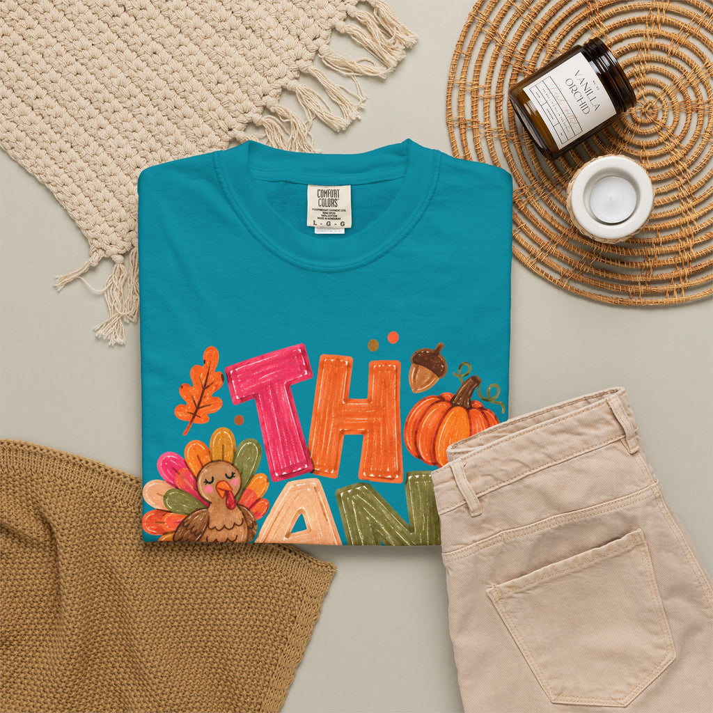 Thankful Turkey Shirt, Cute Thanksgiving Tee, Colorful Fall Graphic T-Shirt, Thanksgiving Outfit, Autumn Shirt, Fall Teacher Gift