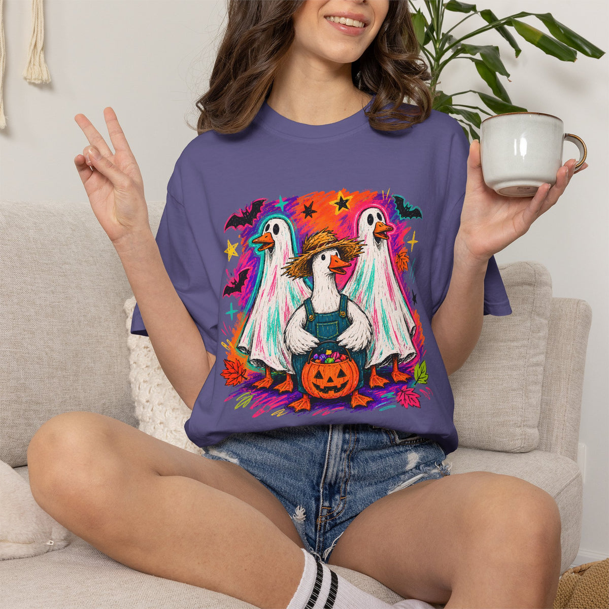 Halloween Goose T Shirt Cute Goose in Ghost Costume with Pumpkin Illustration