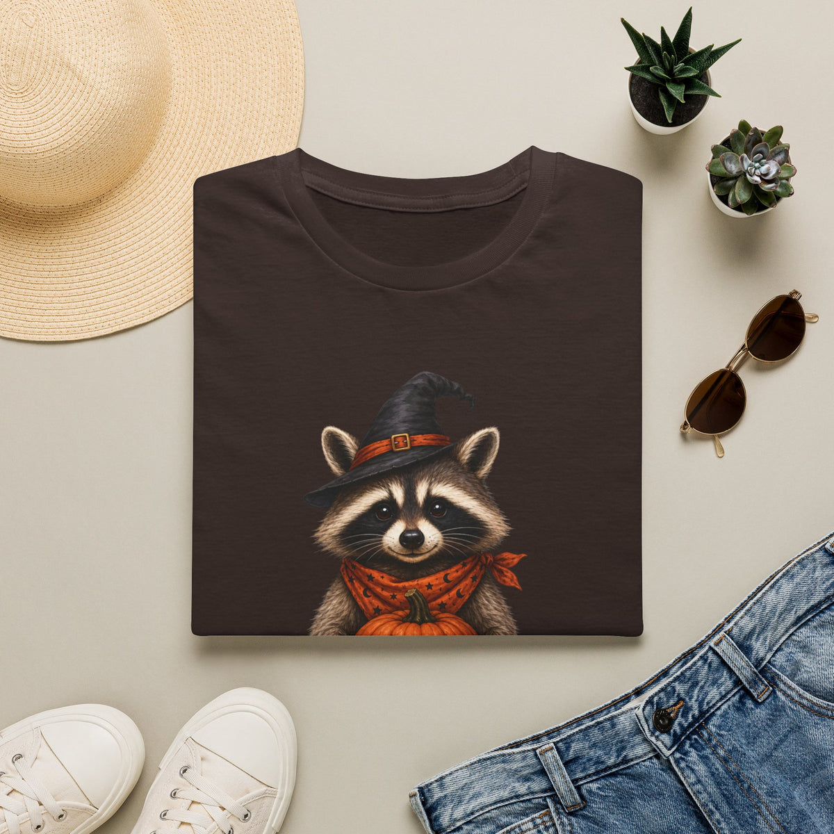 Raccoon Witch Halloween T Shirt Cute Pumpkin Trick-or-Treat Tee