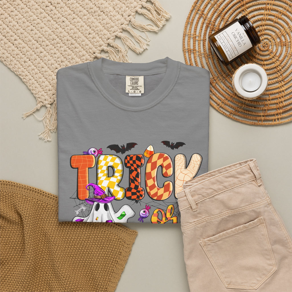 Trick or Treat Halloween T Shirt Cute Ghost Pumpkin and Candy Graphic Tee