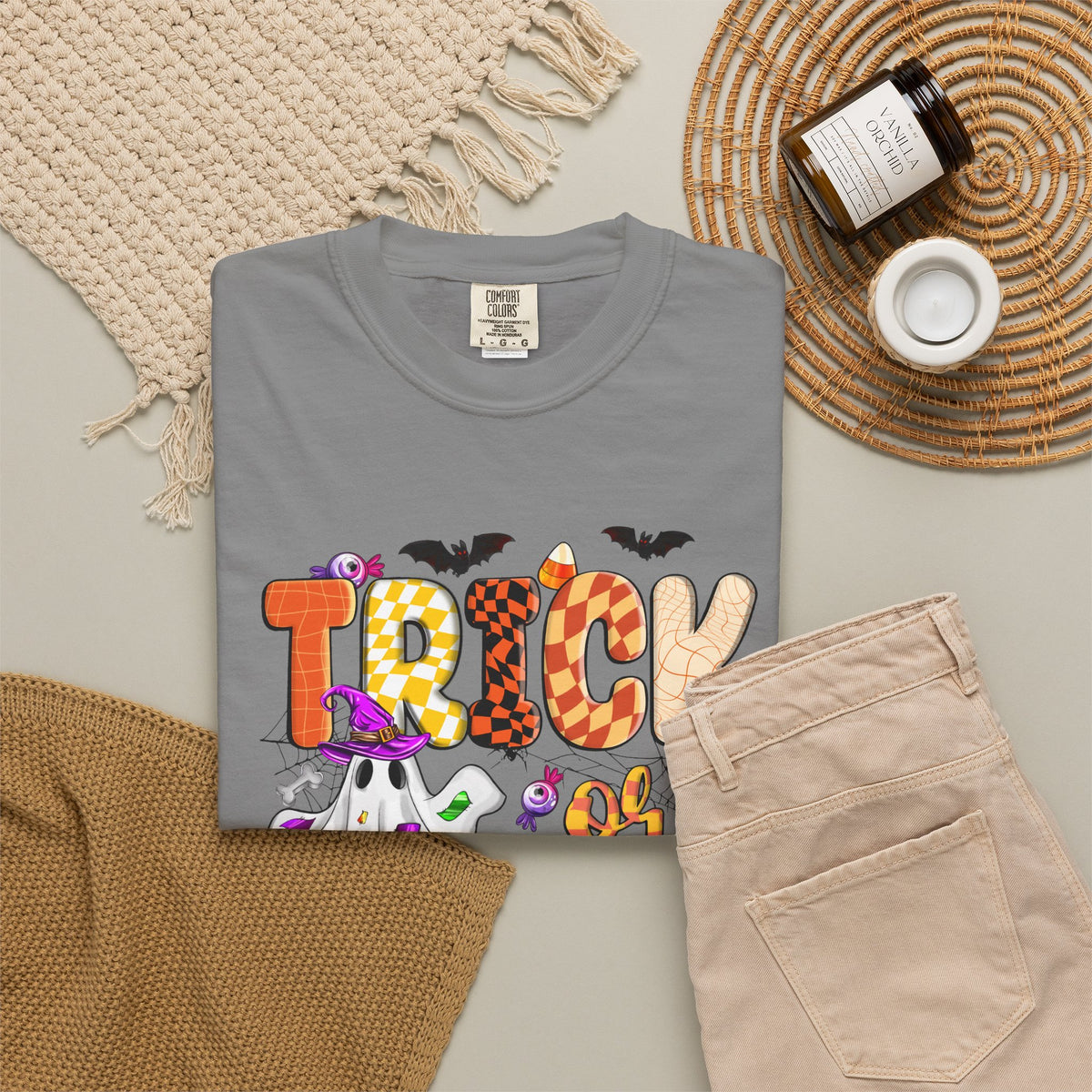 Trick or Treat Halloween T Shirt Cute Ghost Pumpkin and Candy Graphic Tee