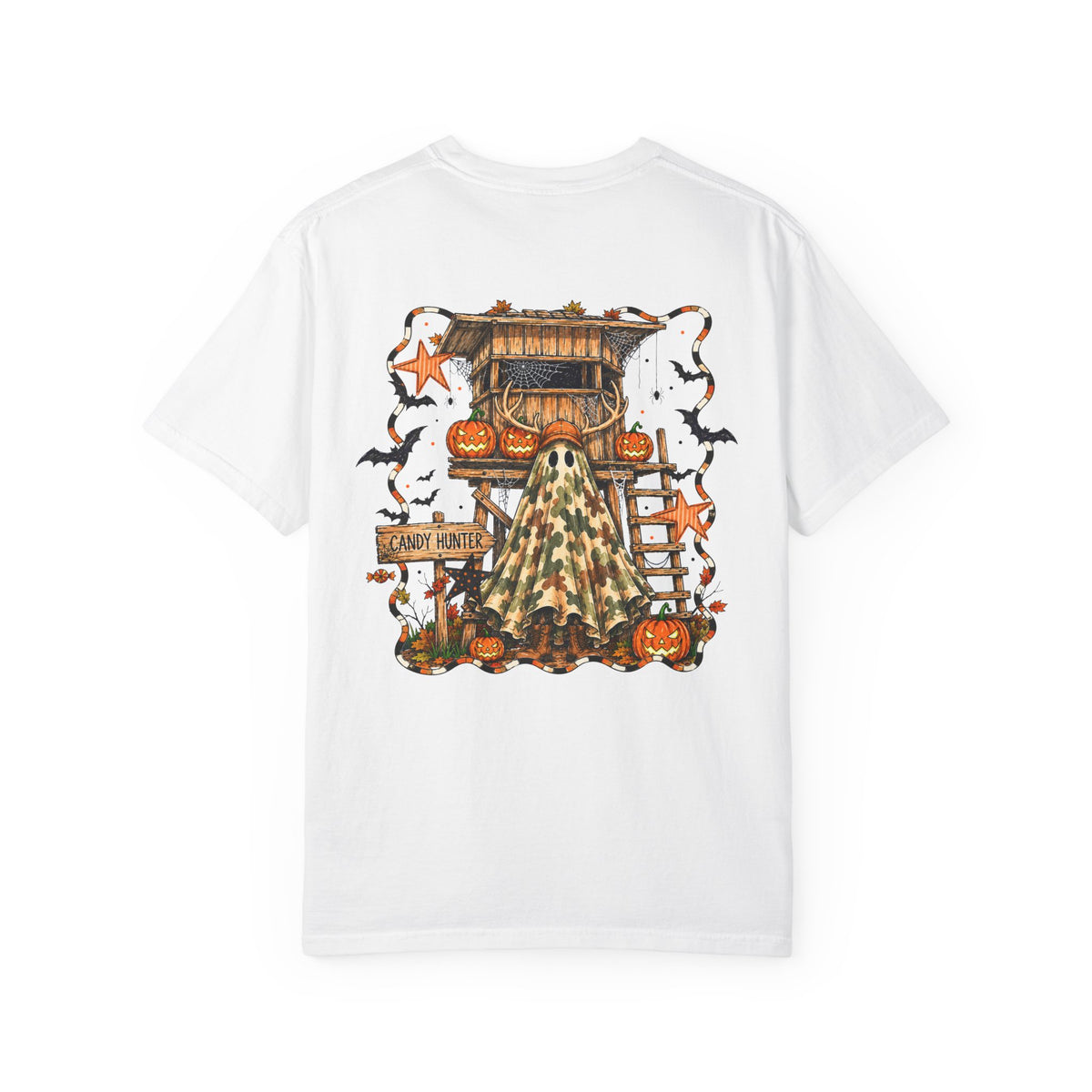 Halloween Ghost Treehouse T Shirt Front and Back 31 October Camo Pumpkin Tee