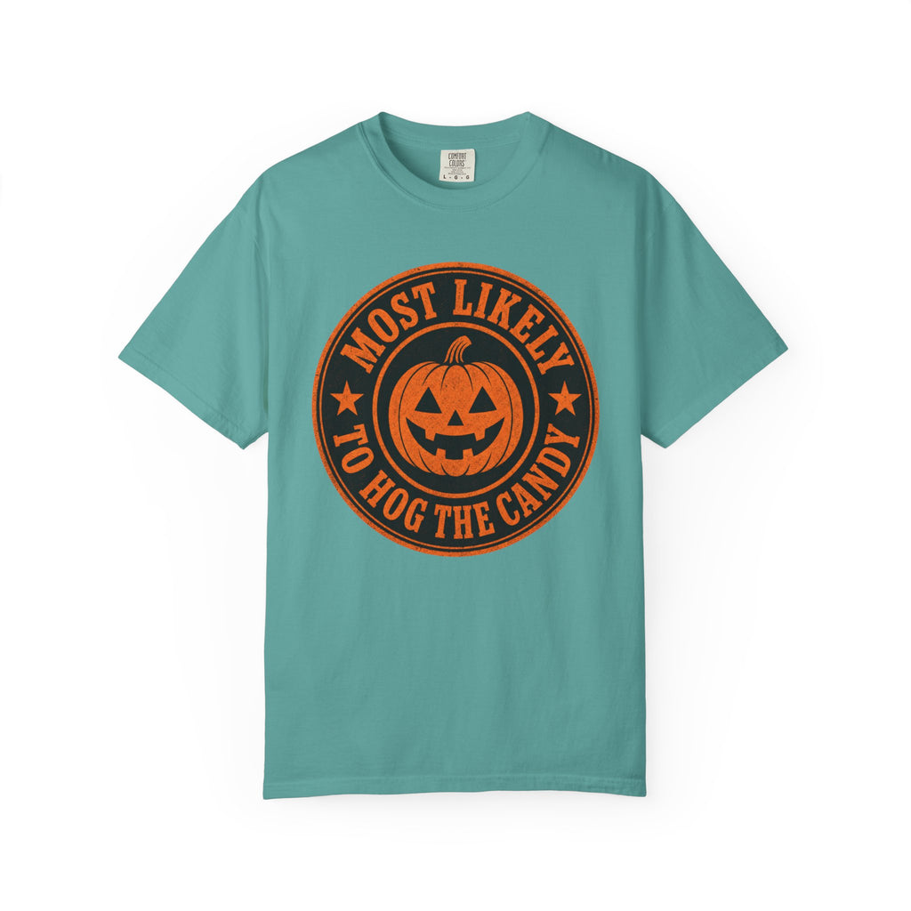 Most Likely to Hog the Candy Halloween T Shirt Jack-O Lantern Pumpkin Graphic Tee