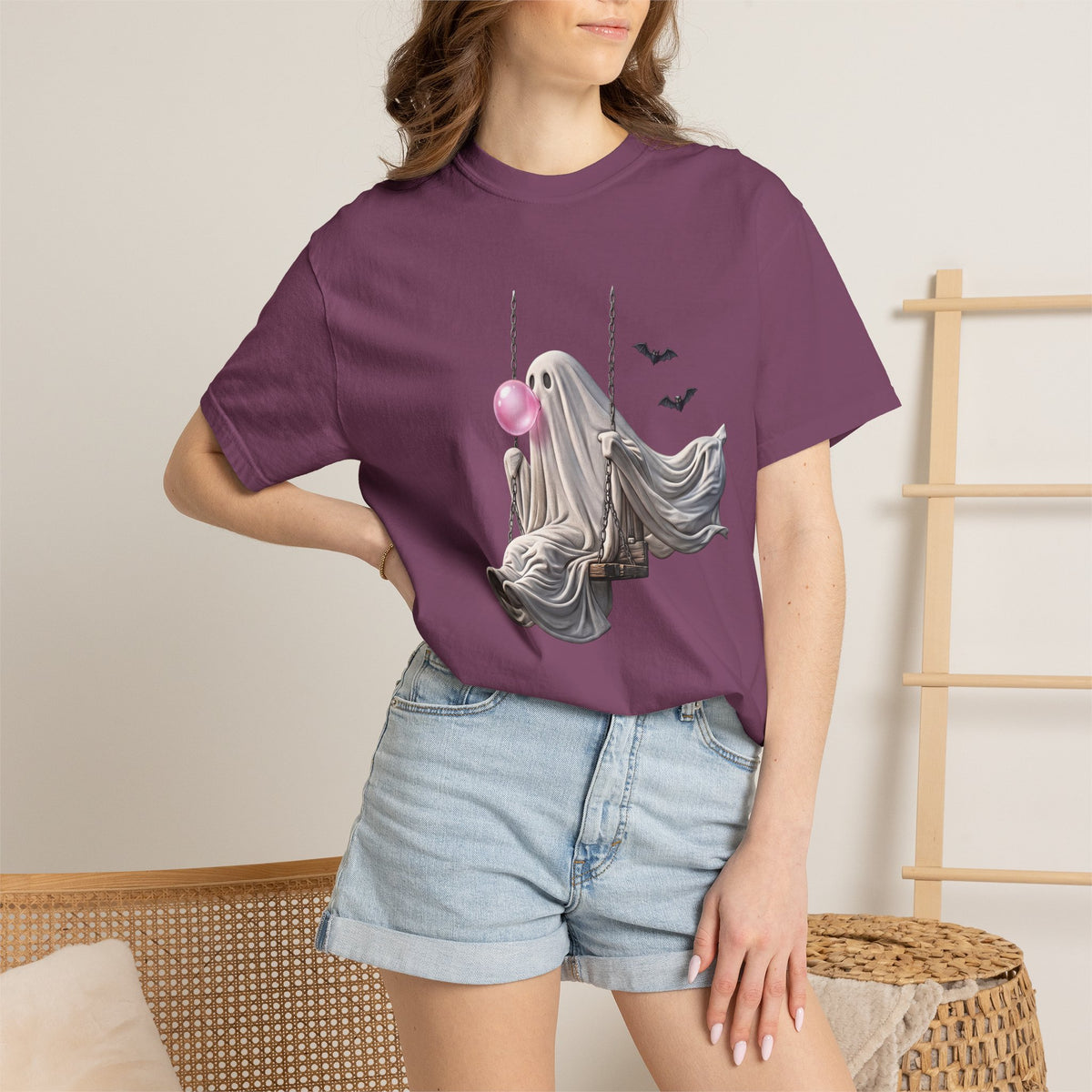 Ghost on Swing Tee Shirt | Cute Halloween Ghost Blowing Bubblegum, Bats