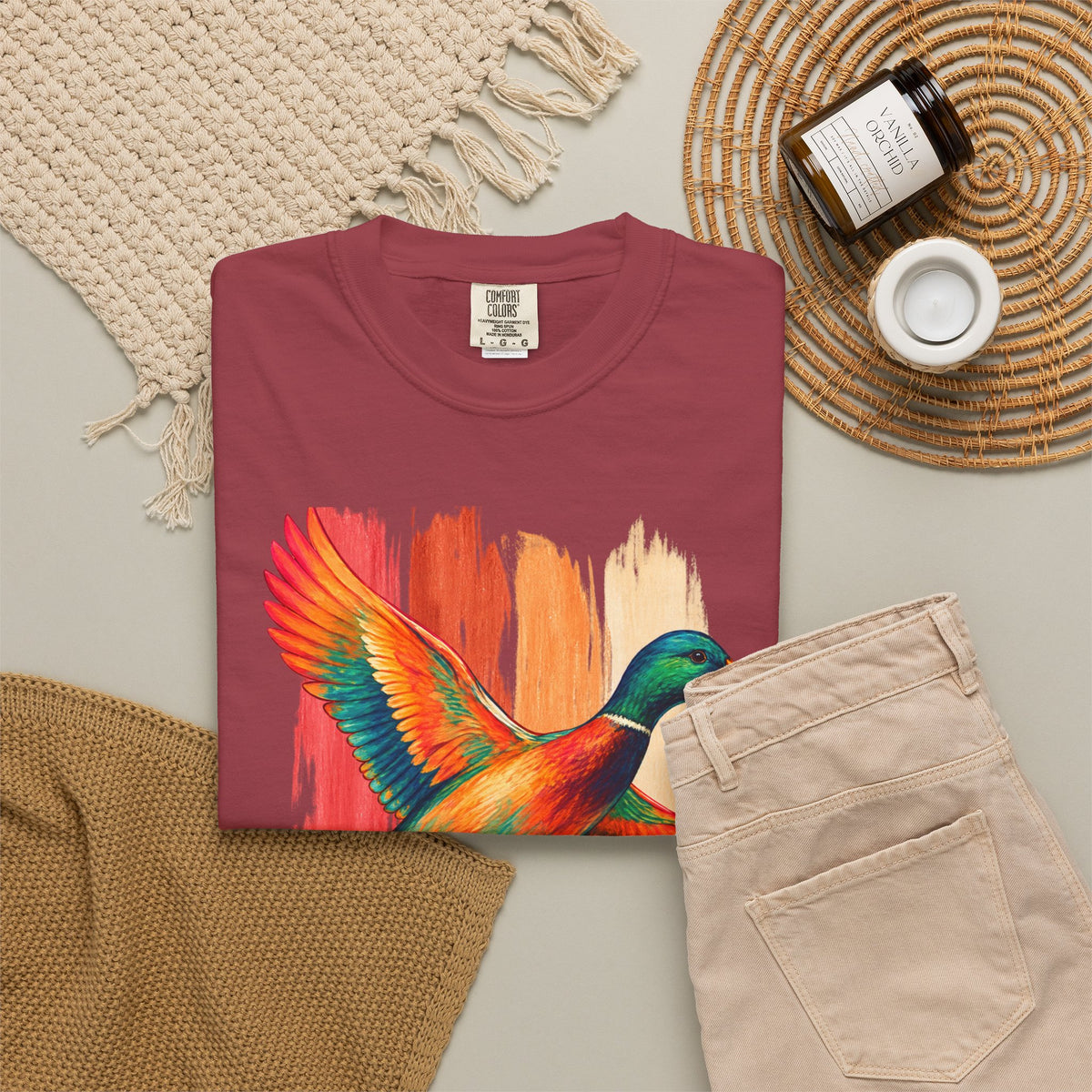 Colorful Flying Duck Tee | Vibrant Mallard Illustration, Nature Shirt