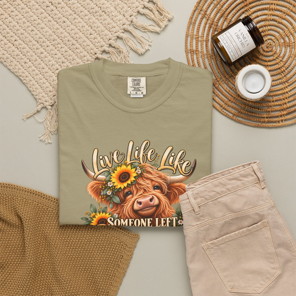 Live Life Like Someone Left the Gate Open Cow T Shirt Sunflower Highland Cattle Tee