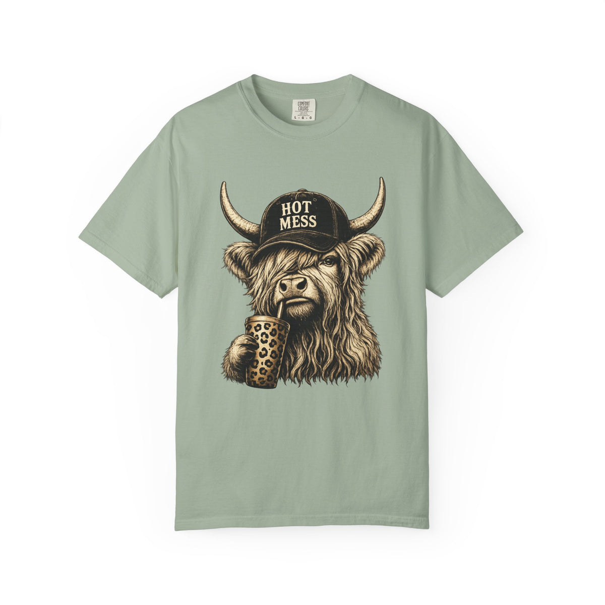Hot Mess Highland Cow T Shirt Funny Cow with Coffee Graphic
