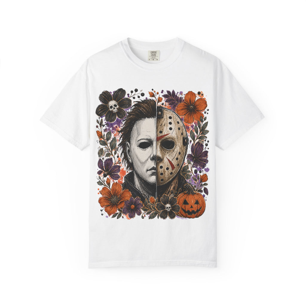 Horror Split Face Floral T Shirt Michael Myers and Jason Halloween Tee