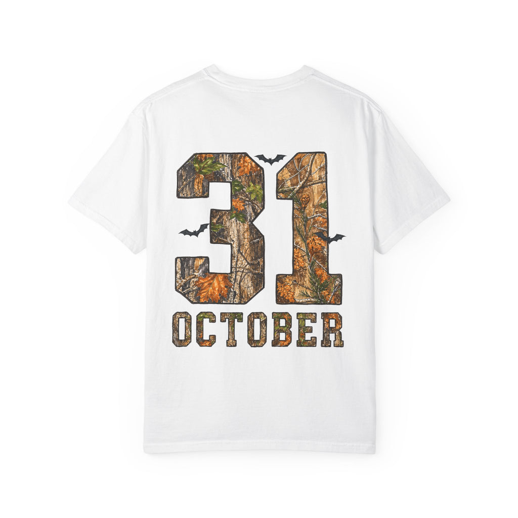 Halloween Ghost Treehouse T-Shirt Front and Back 31 October Camo Pumpkin Tee