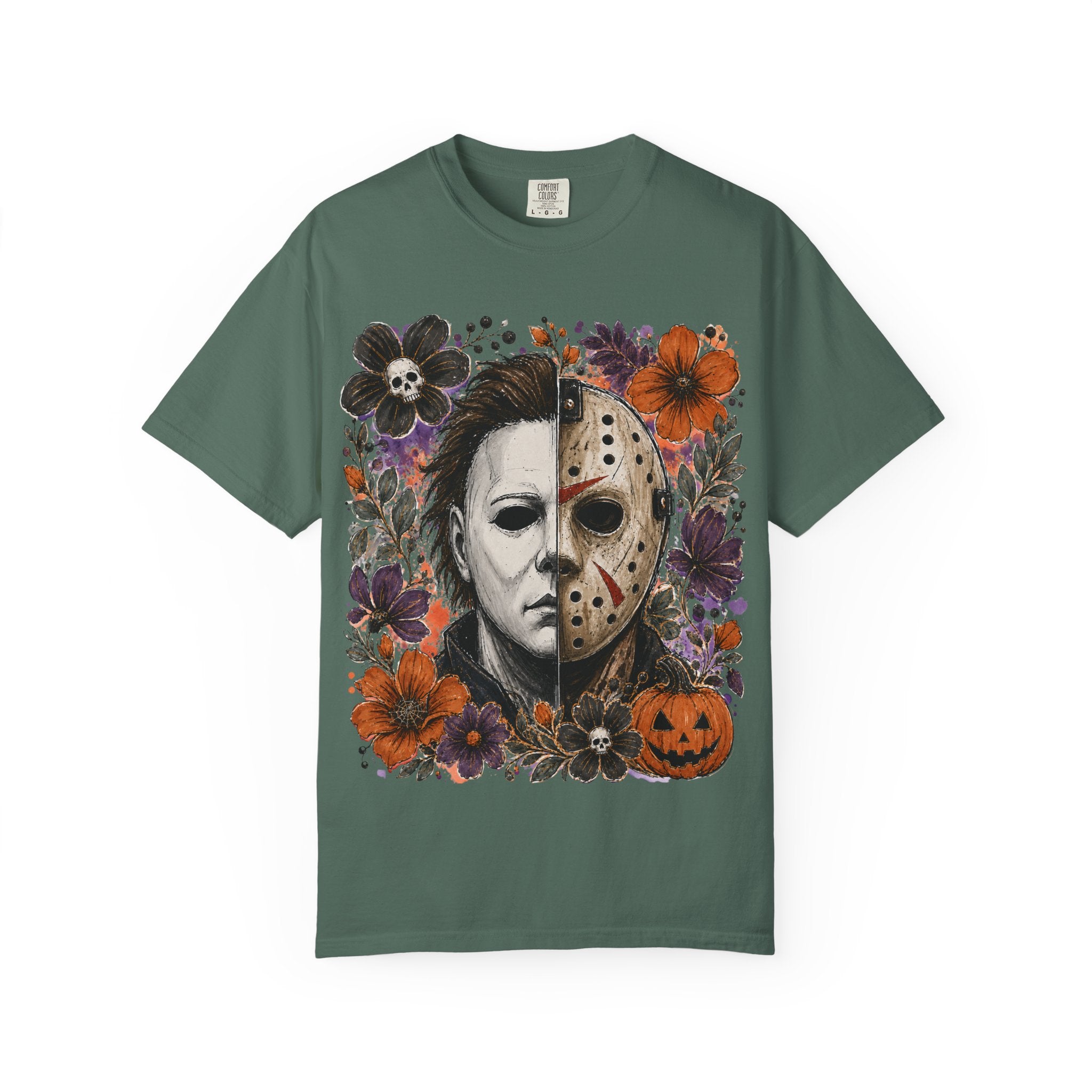 Horror Split Face Floral T Shirt Michael Myers and Jason Halloween Tee