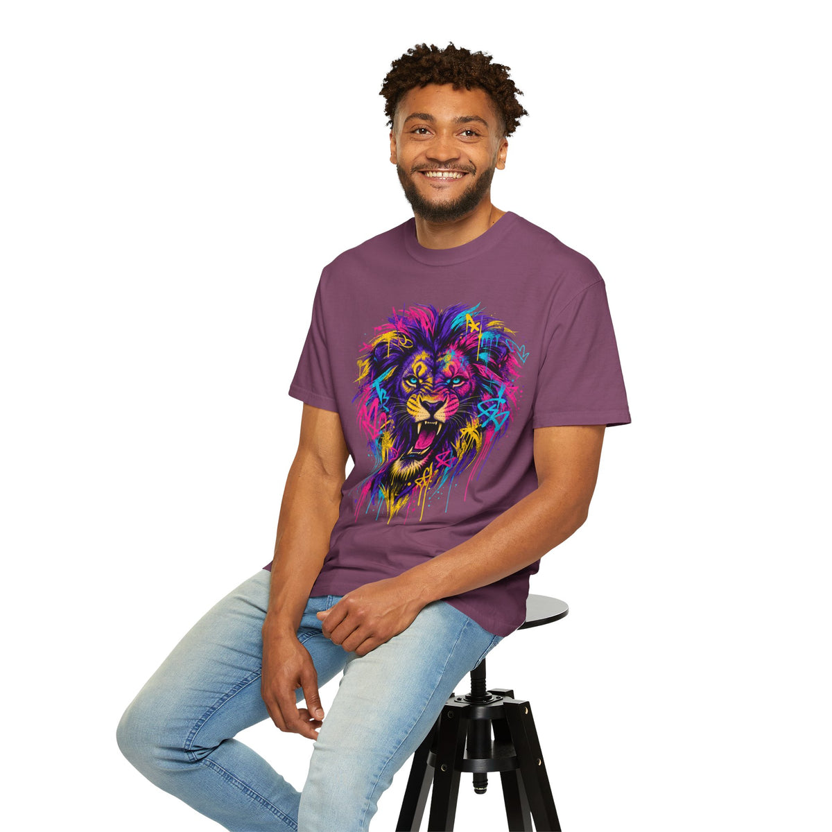 Colorful Roaring Lion T Shirt Vibrant Neon Animal Graphic Tee