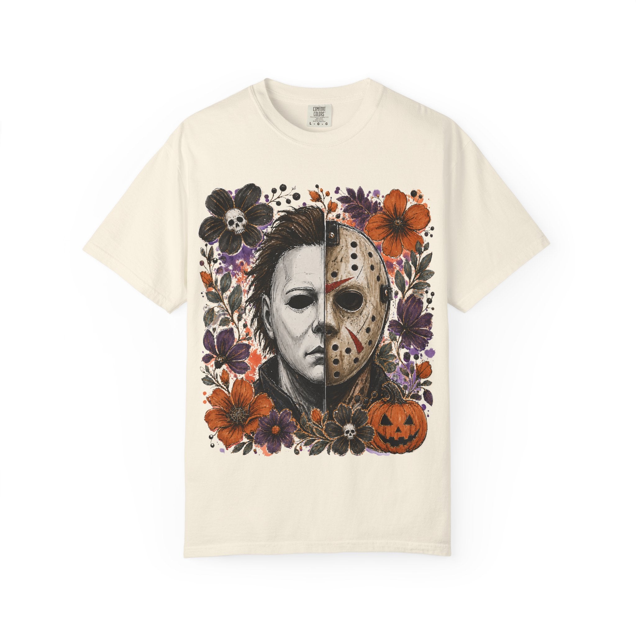 Horror Split Face Floral T Shirt Michael Myers and Jason Halloween Tee