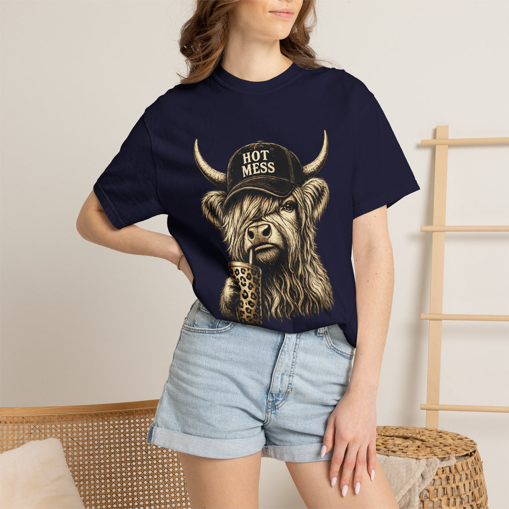 Hot Mess Highland Cow T Shirt Funny Cow with Coffee Graphic