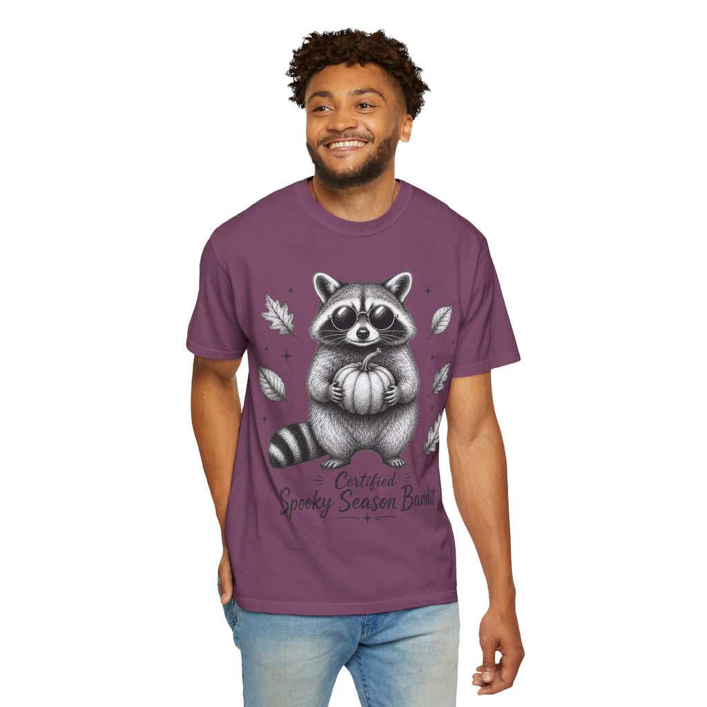 Spooky Season Bandit T Shirt Cute Raccoon Holding Pumpkin Fall Tee