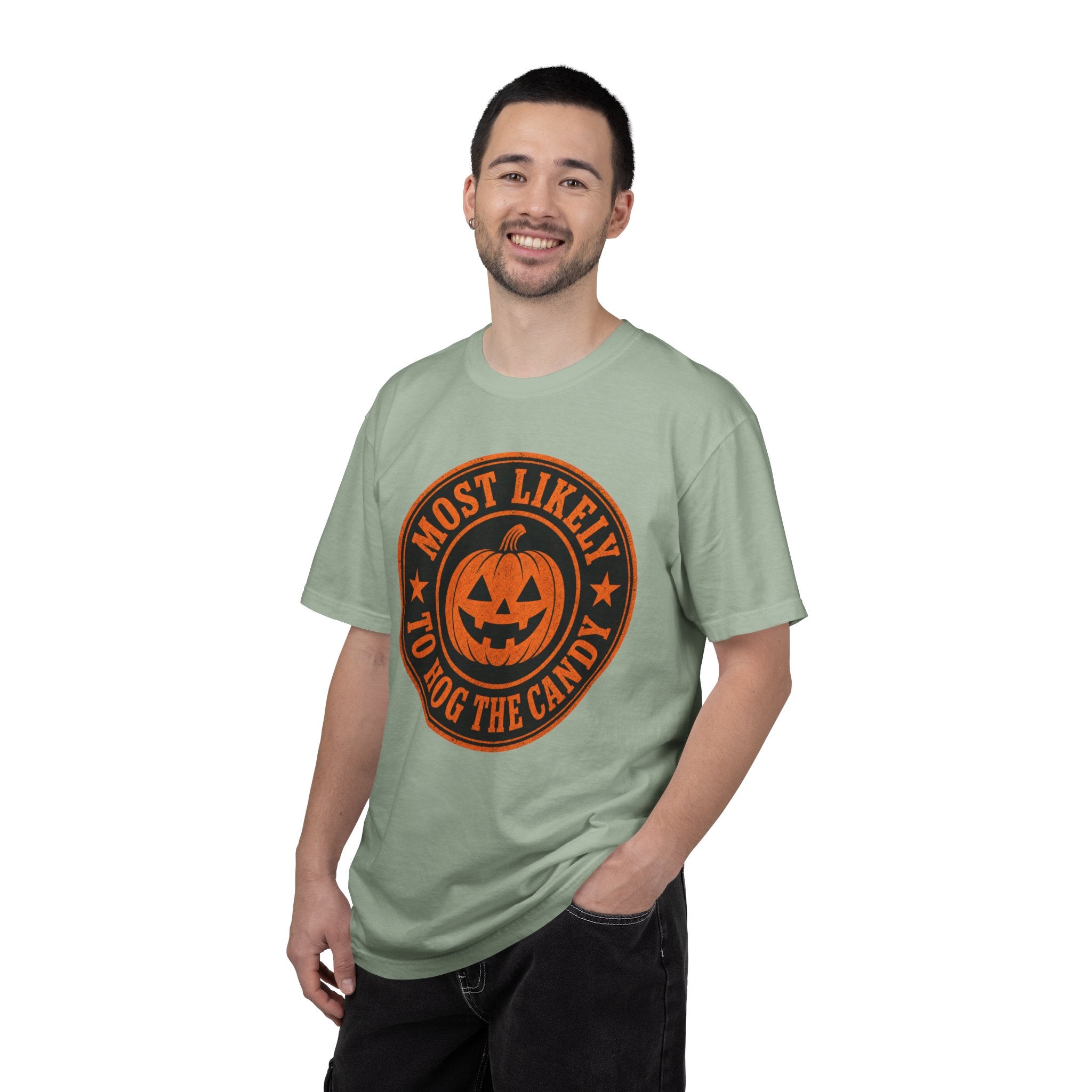 Most Likely to Hog the Candy Halloween T Shirt Jack-O Lantern Pumpkin Graphic Tee