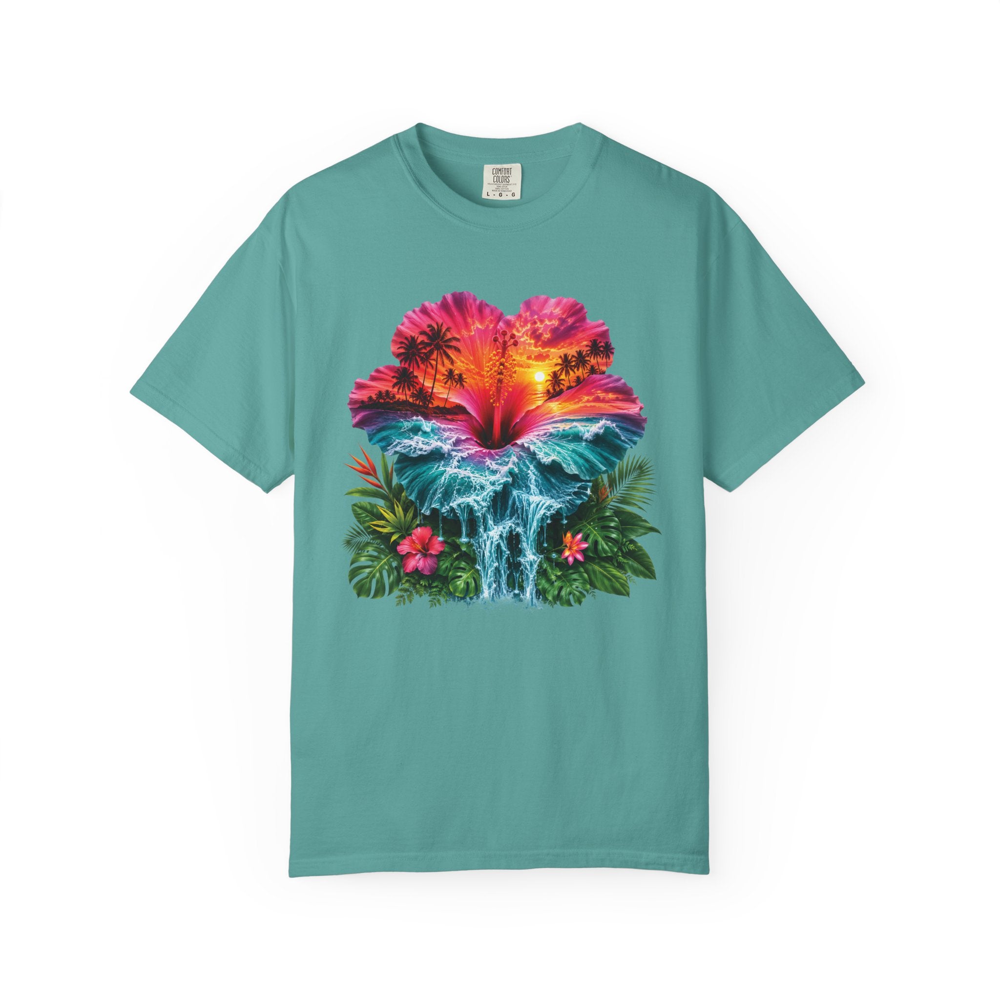 T Shirt Tropical Hibiscus Waterfall Sunset Graphic Tee