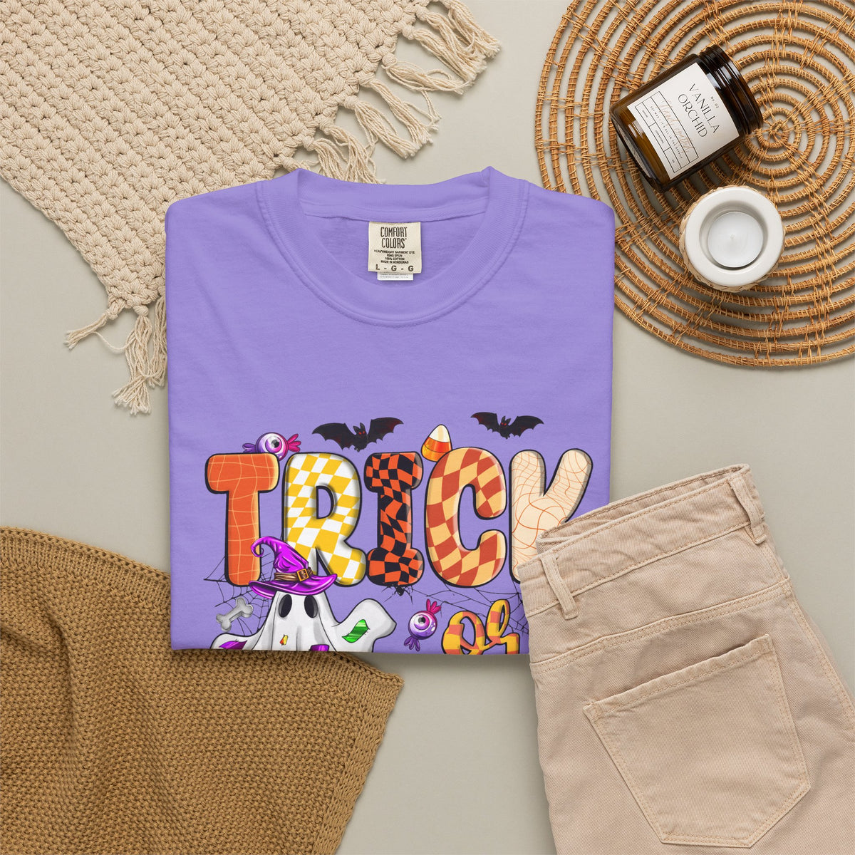 Trick or Treat Halloween T Shirt Cute Ghost Pumpkin and Candy Graphic Tee
