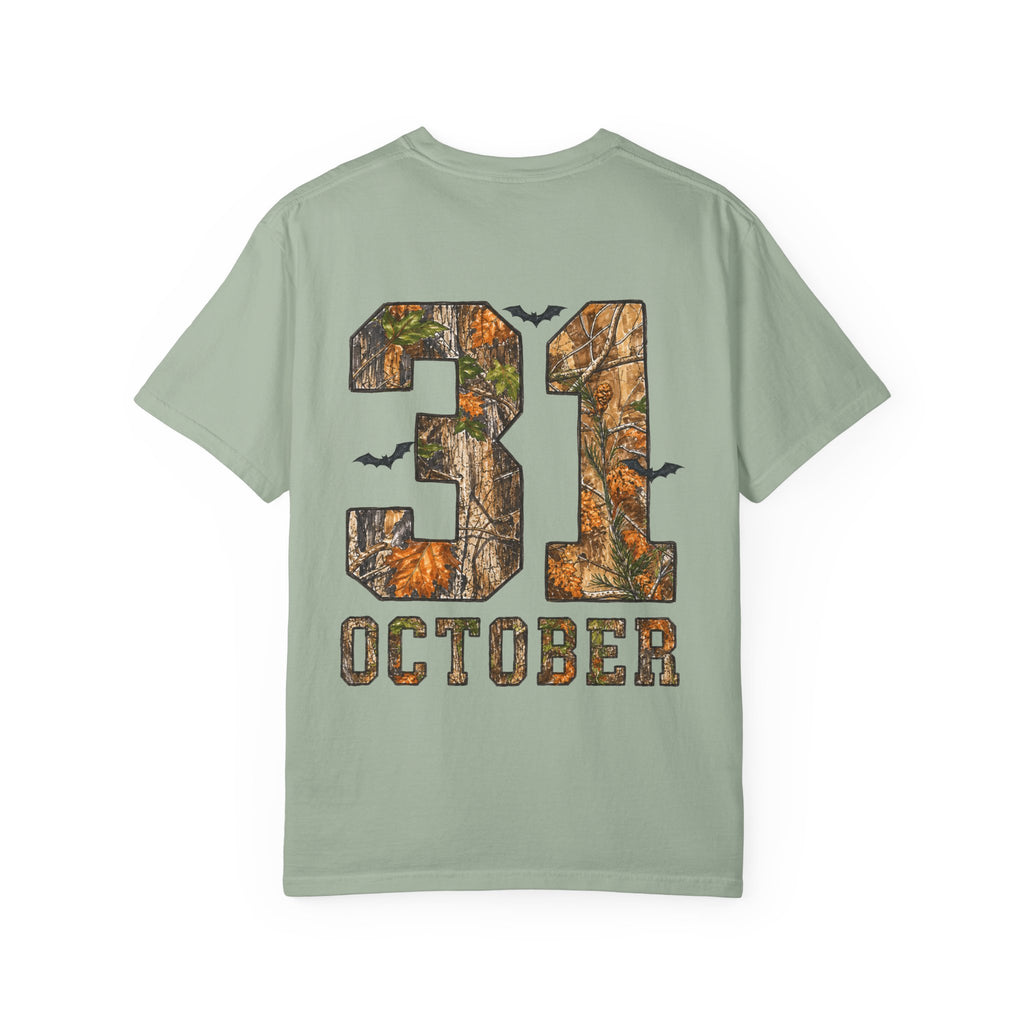 Halloween Ghost Treehouse T-Shirt Front and Back 31 October Camo Pumpkin Tee