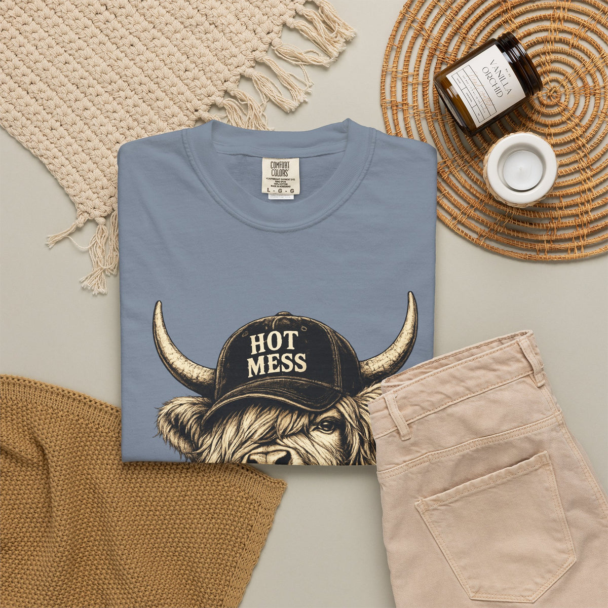 Hot Mess Highland Cow T Shirt Funny Cow with Coffee Graphic