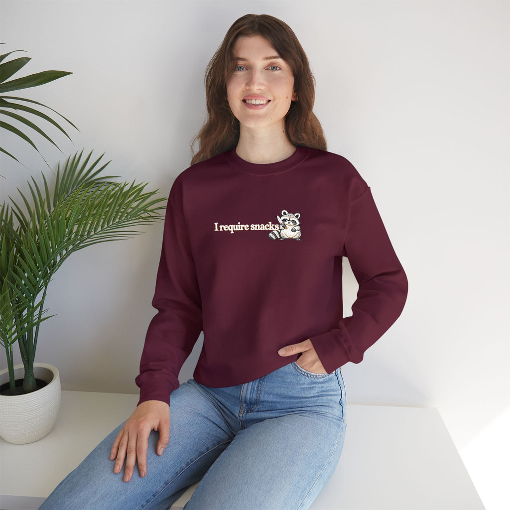 I Require Snacks Embroidered Sweatshirt, Funny Raccoon Sweatshirt, Minimalist Embroidery, Sarcastic Animal Lover Gift, Cozy Crewneck