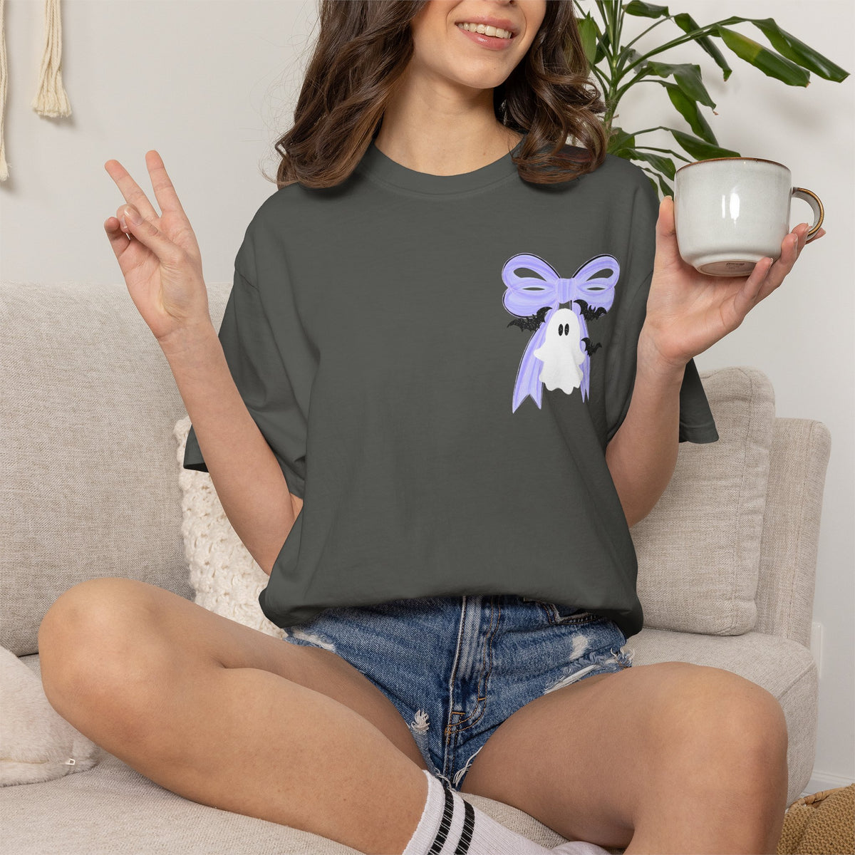 Spooky Season Ghost Tee Lavender Bow Halloween T Shirt