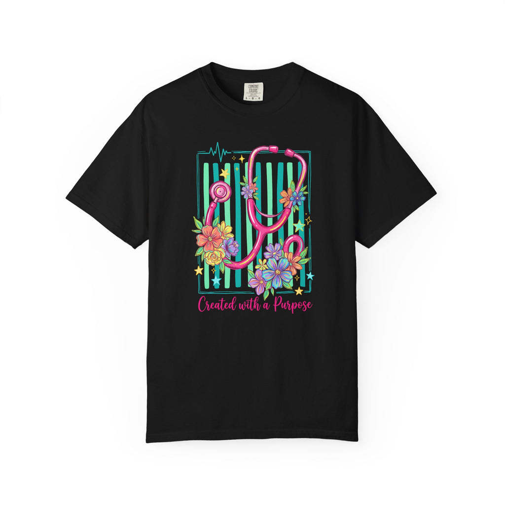 Created With a Purpose Nurse Shirt, Floral Stethoscope Tee, Comfort Colors Nurse T-Shirt, Nursing Student Gift, Nurse Appreciation Gift