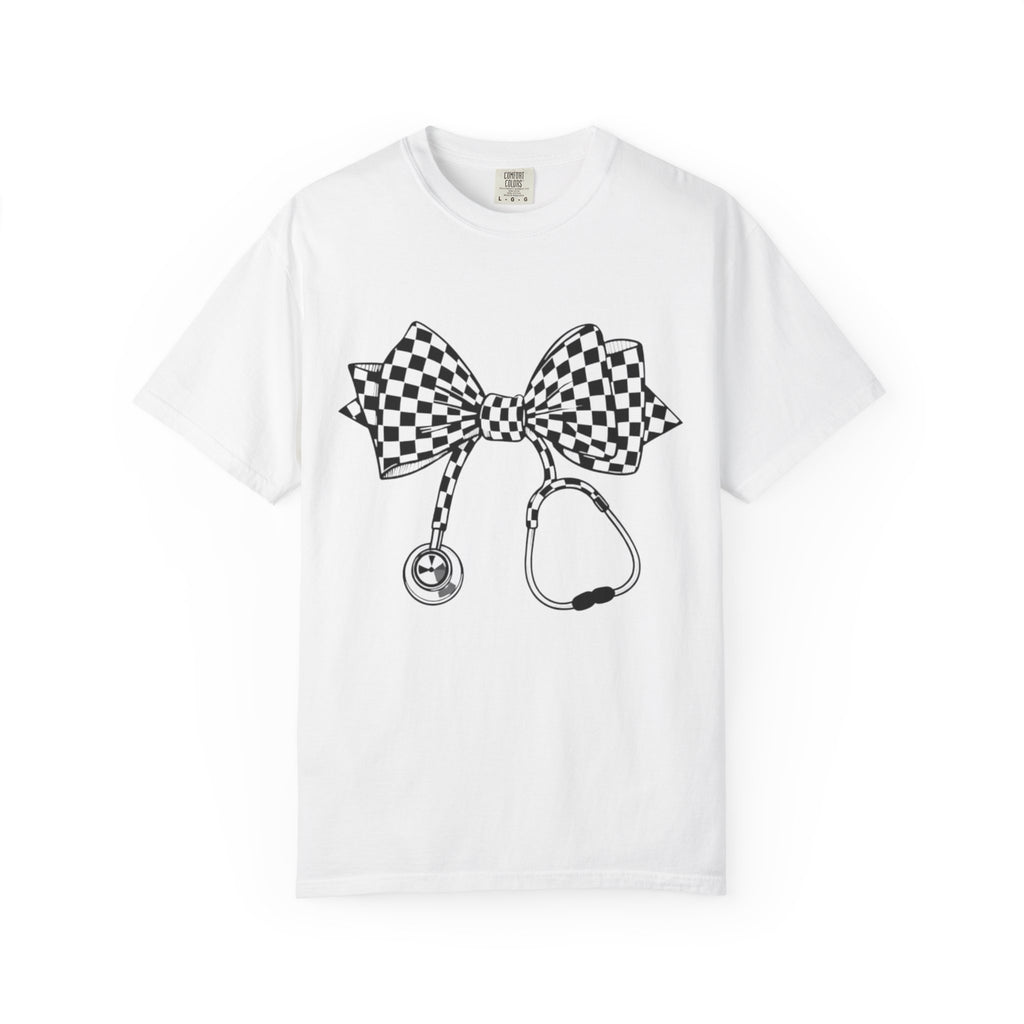 Checkerboard Bow Stethoscope T Shirt Nurse and Medical Student Gift