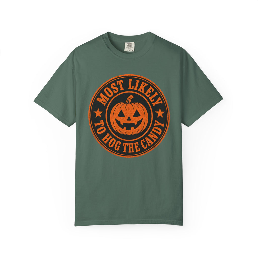 Most Likely to Hog the Candy Halloween T Shirt Jack-O Lantern Pumpkin Graphic Tee