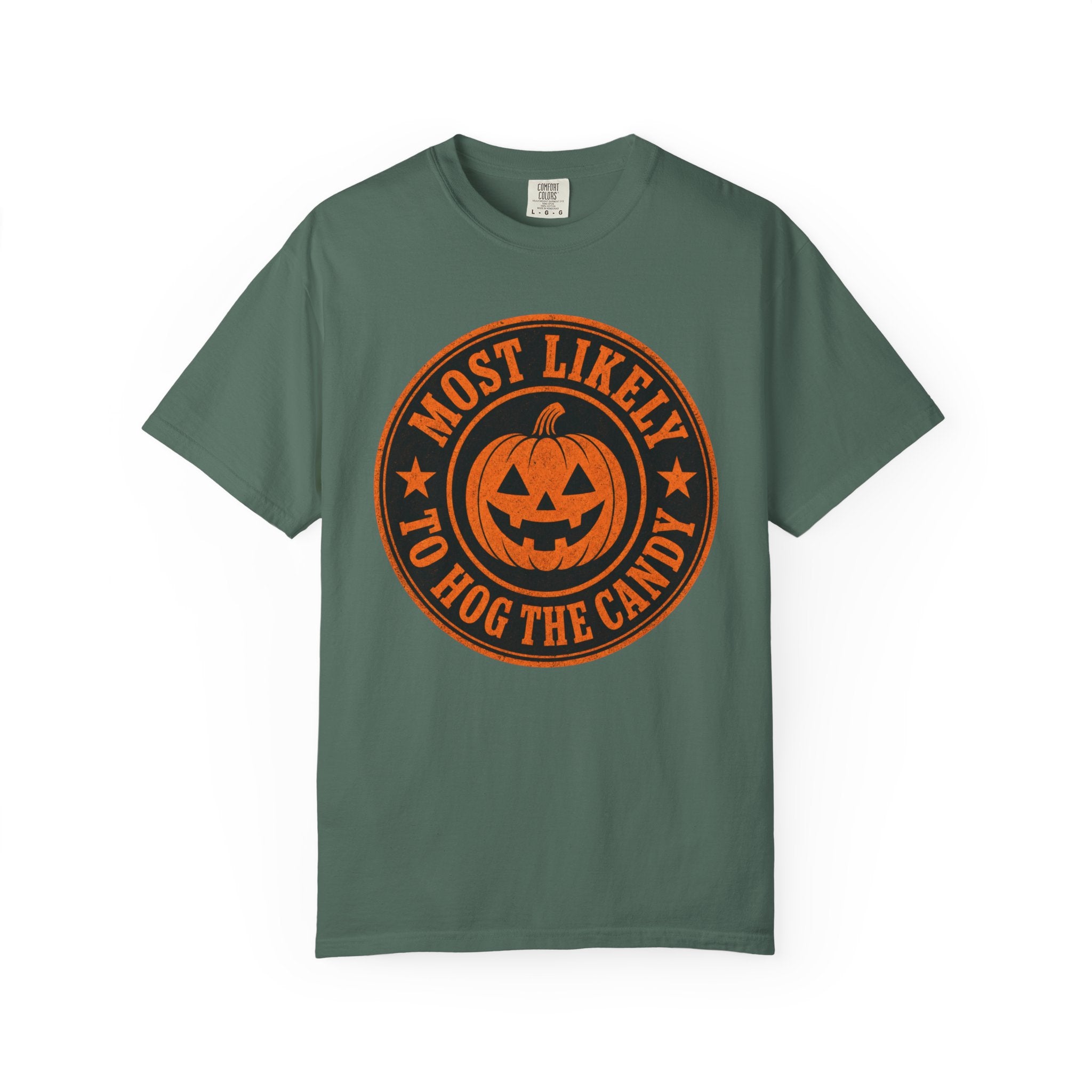 Most Likely to Hog the Candy Halloween T Shirt Jack-O Lantern Pumpkin Graphic Tee