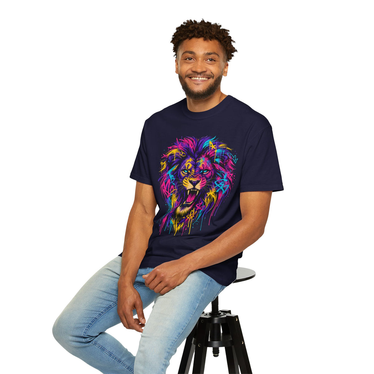 Colorful Roaring Lion T Shirt Vibrant Neon Animal Graphic Tee
