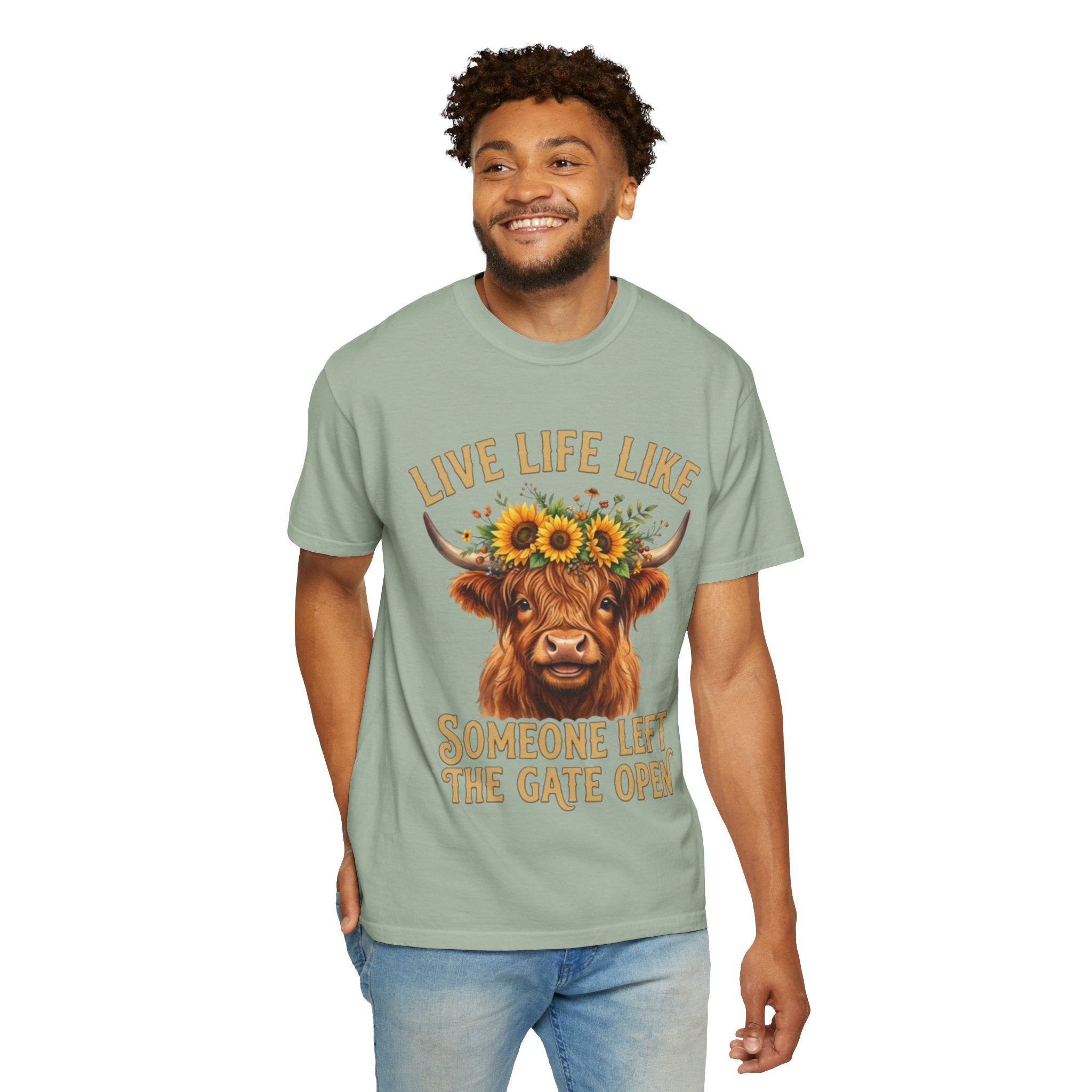 Live Life Like Someone Left the Gate Open Cow TShirt Sunflower Highland Cattle Tee
