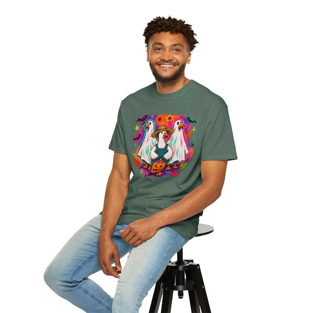 Halloween Goose T Shirt Cute Goose in Ghost Costume with Pumpkin Illustration